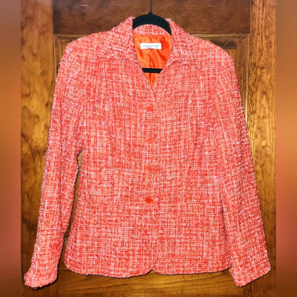 Coldwater Creek blazer jacket button down coral orange white Tweed women's 12